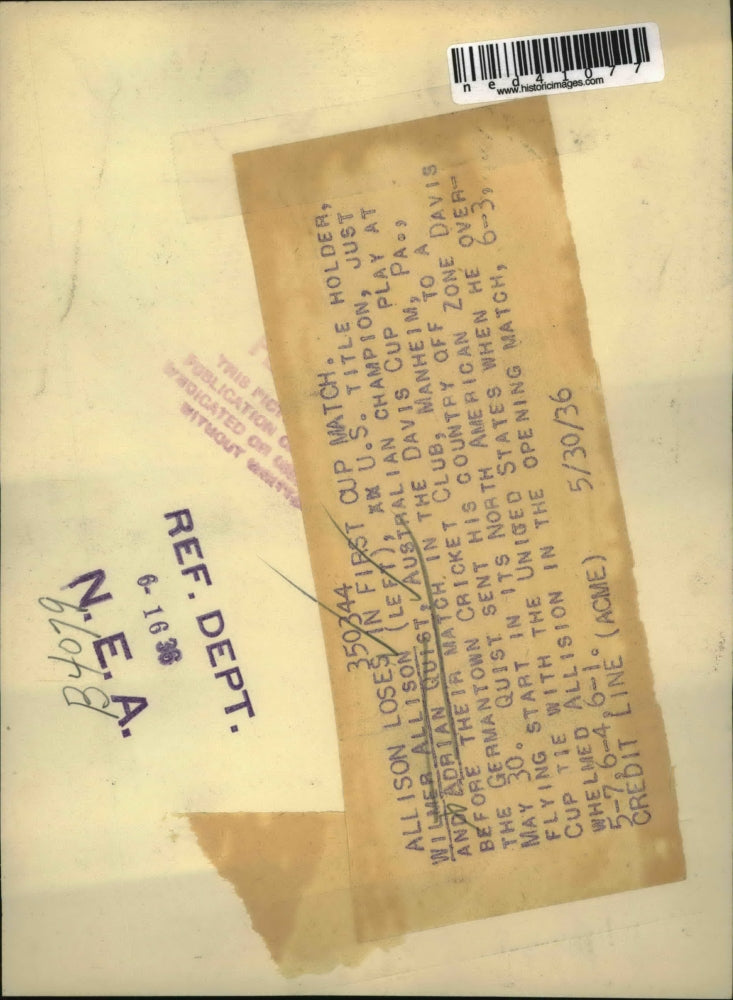 1936 Press Photo Wilmer Allison and Adrian Quist at First Cup Match