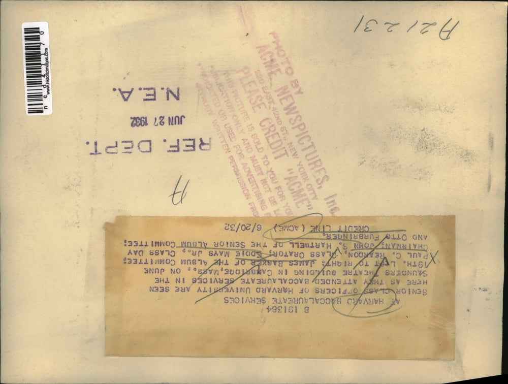 1932 Press Photo Harvard Senior Class Officers Attending Baccalaureate Services