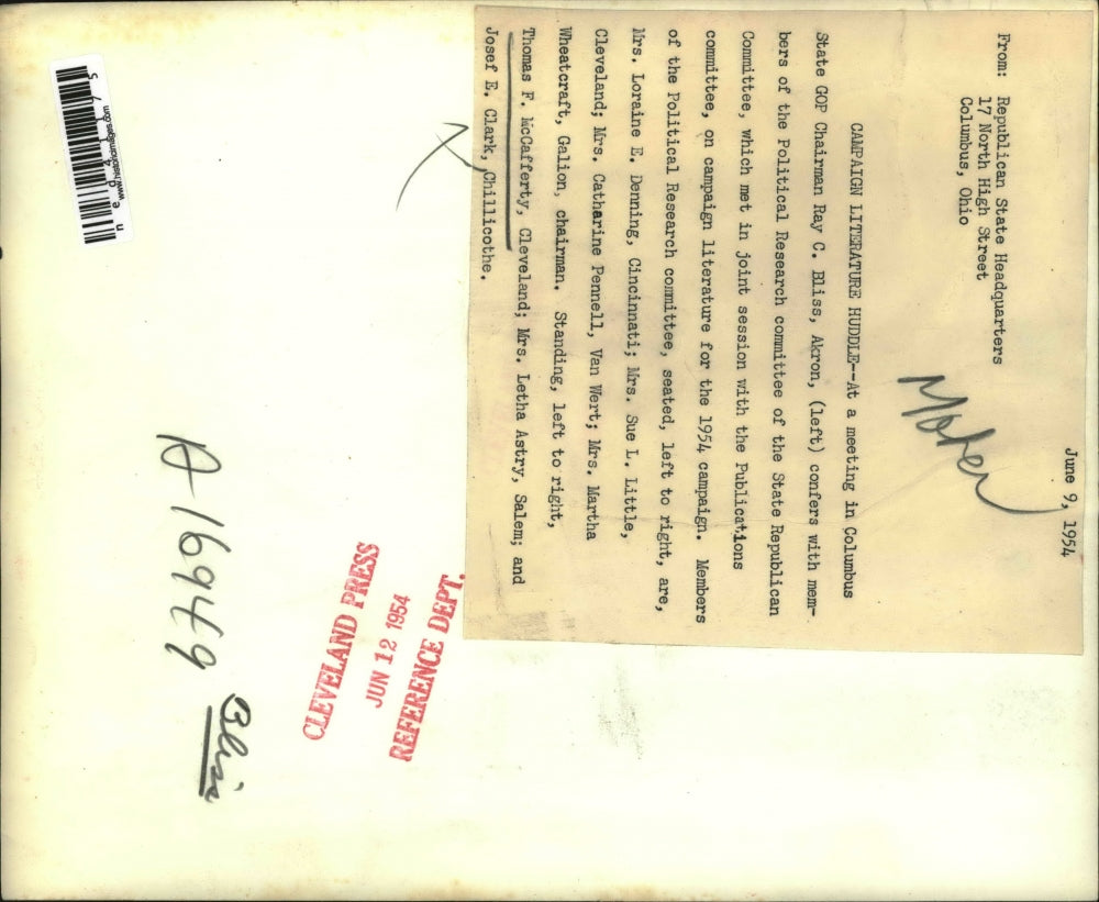 1954 Press Photo Ray C Bliss Ohio Republican Chairman Meets Research Committee