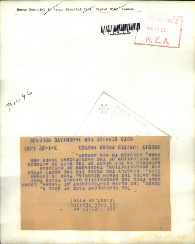 1957 Press Photo Jose A Remon, slain ex-president of Panama, marble memorial