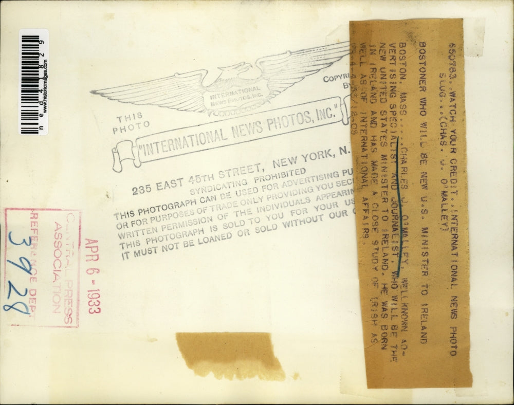 1933 Press Photo Charles J. O'Malley, New United States Minister to Ireland