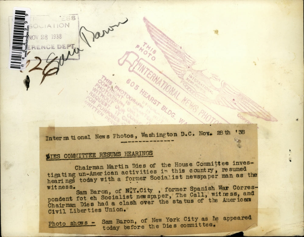 1938 Press Photo Sam Baron as he appeared before the Dies Committee