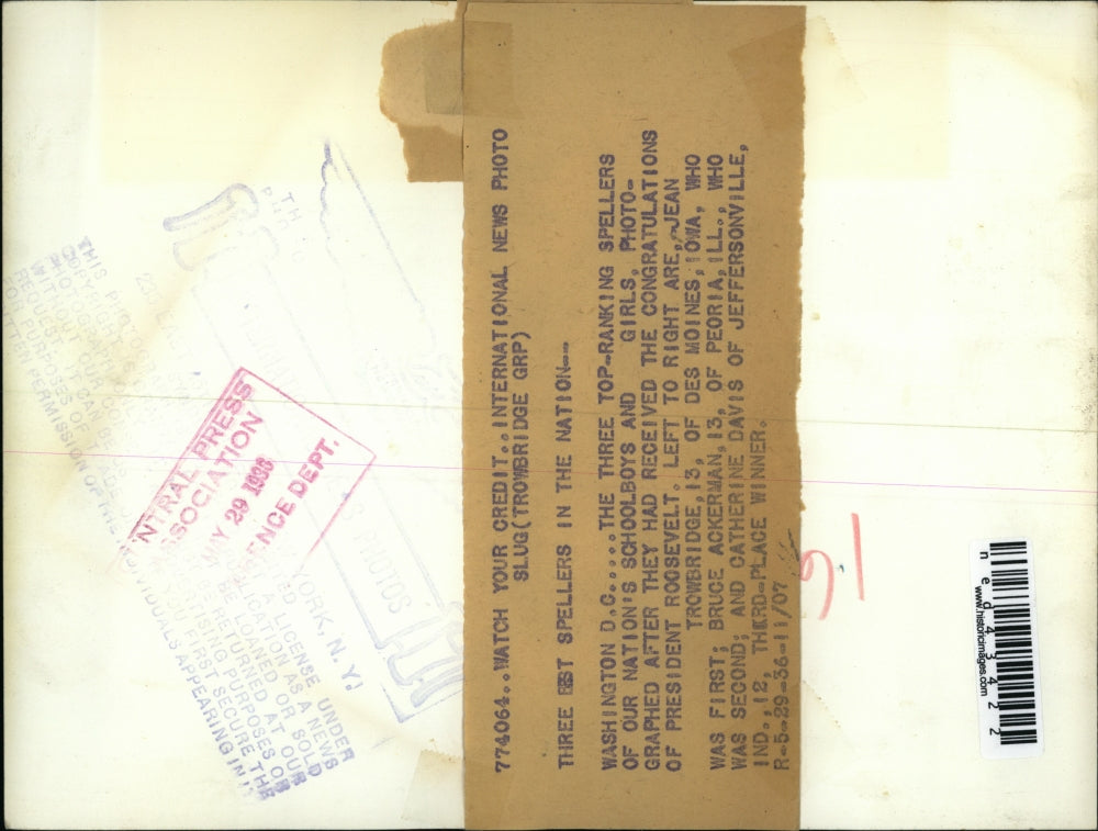 1936 Press Photo Washington DC The 3 top-ranking spellers photographed after