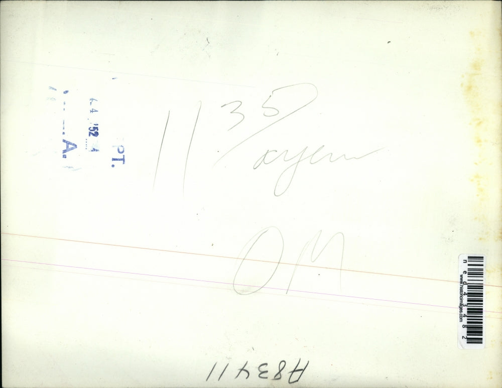 1952 Press Photo Peter Farrell has credentials checked by the guard at door