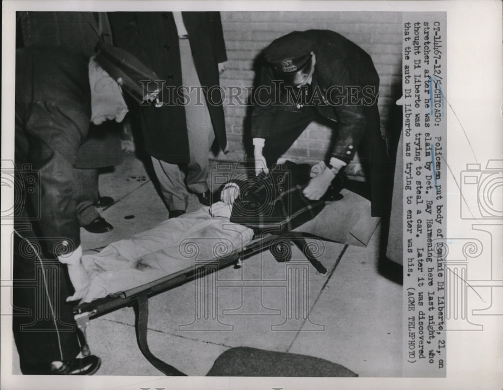 1951 Press Photo Policeman put body Dominic Di Liberte, 21, on stretcher after