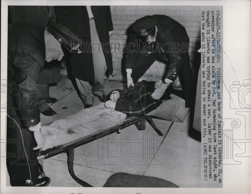 Load image into Gallery viewer, 1951 Press Photo Policeman put body Dominic Di Liberte, 21, on stretcher after
