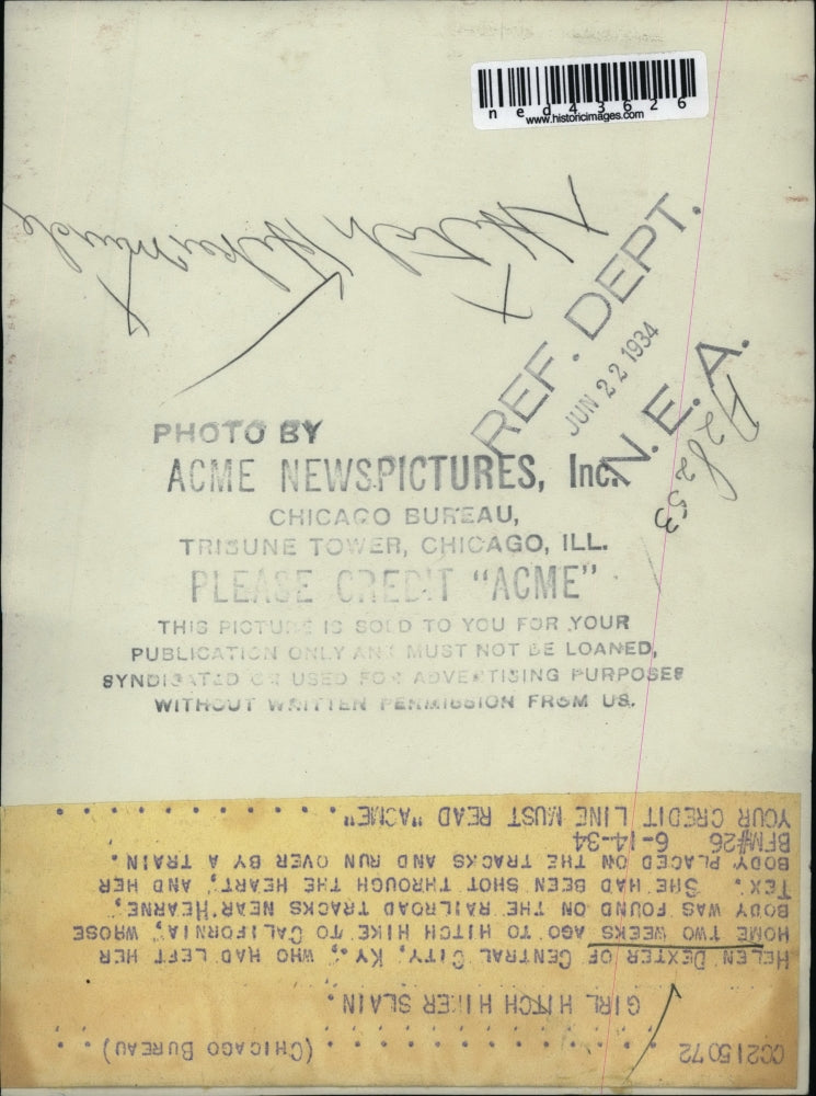 1934 Press Photo Helen Dexter Found Shot In The Heart And Run Over By Train