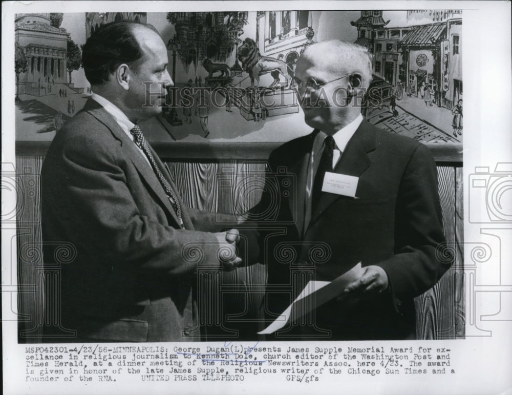 1956 Press Photo George Dugan (L) presents award to Kenneth Dole