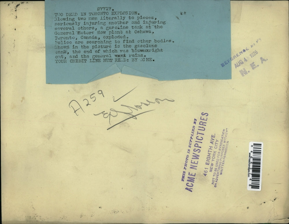 1926 Press Photo Two People Die In Toronto Explosion