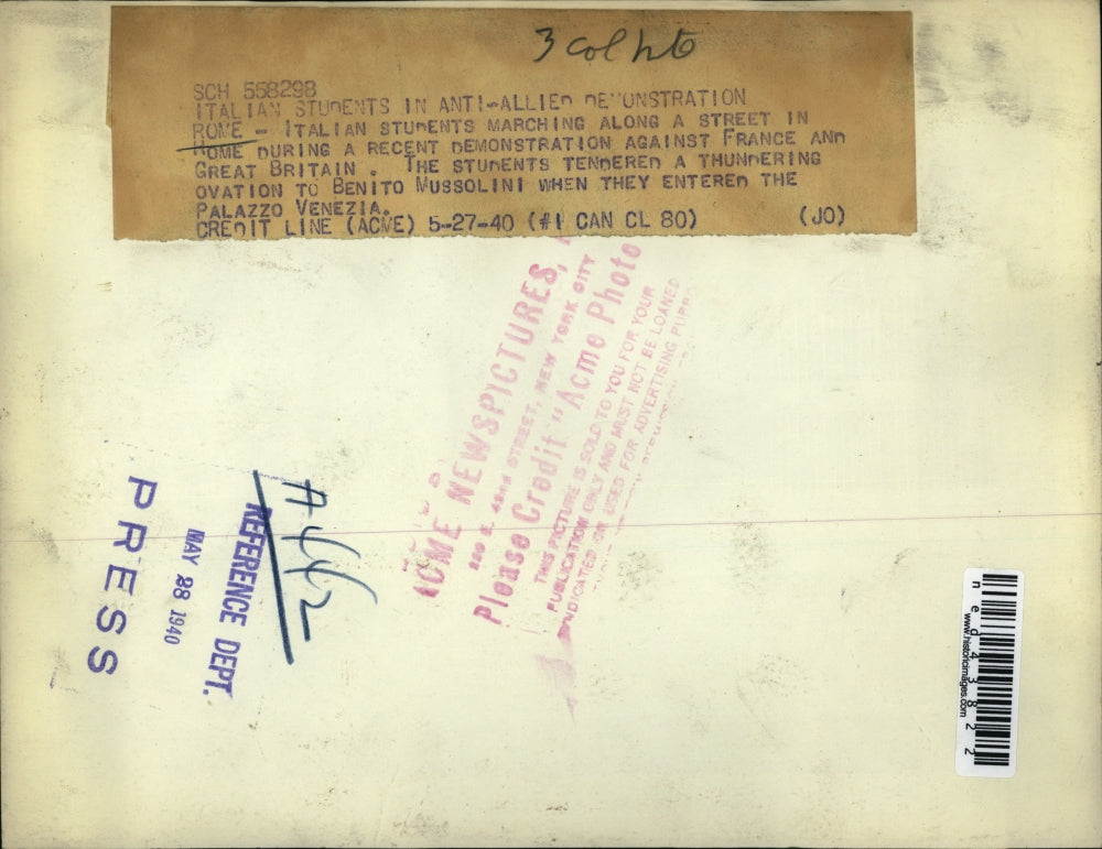 1940 Press Photo Italian students marching in an anti-allied demonstration