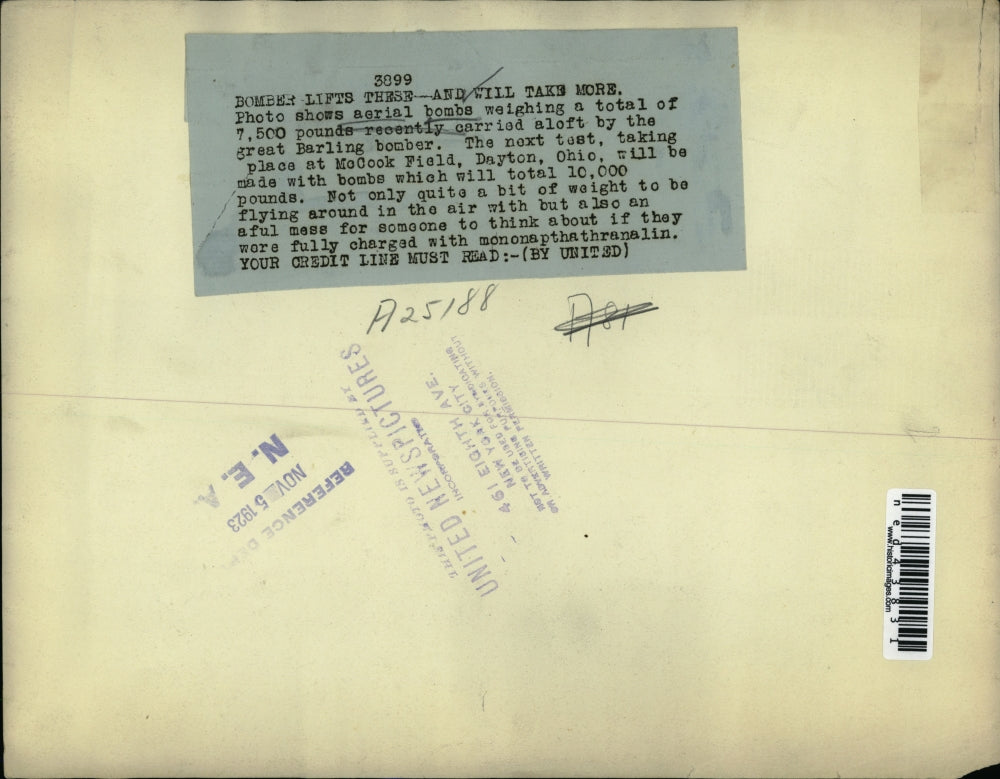 1923 Press Photo Aerial Bomb weighing a total of 7,500 pound