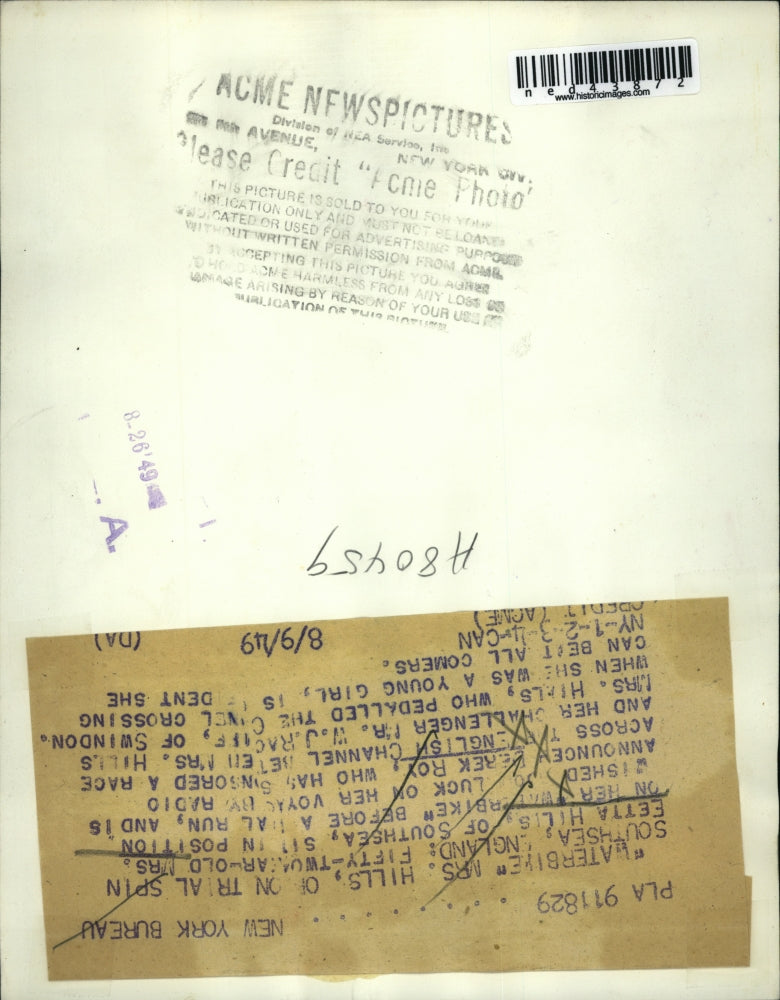 1949 Press Photo Mrs. Eetta Hills sitting on her water bike before a trial run