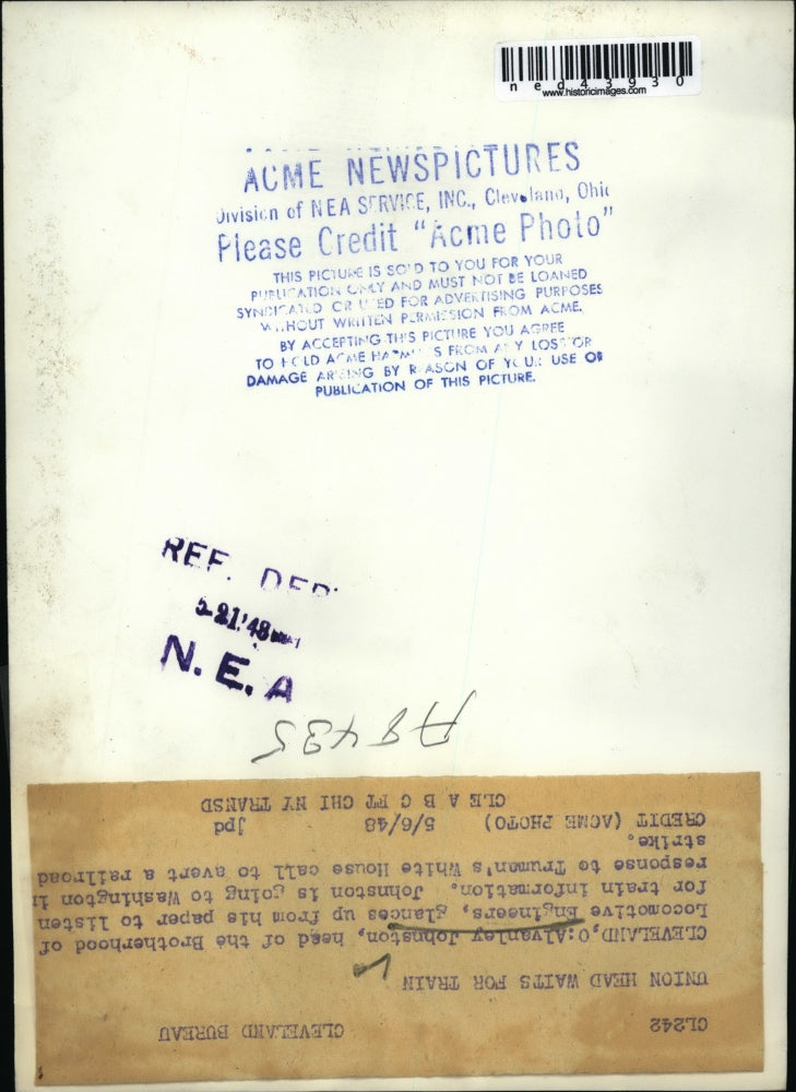 1948 Press Photo Cleveland Alvanlay Johnston head of Brotherhood of Locomotive