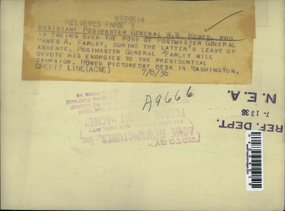 1936 Press Photo Assistant Postmaster General W.W. Howes as he answers the phone