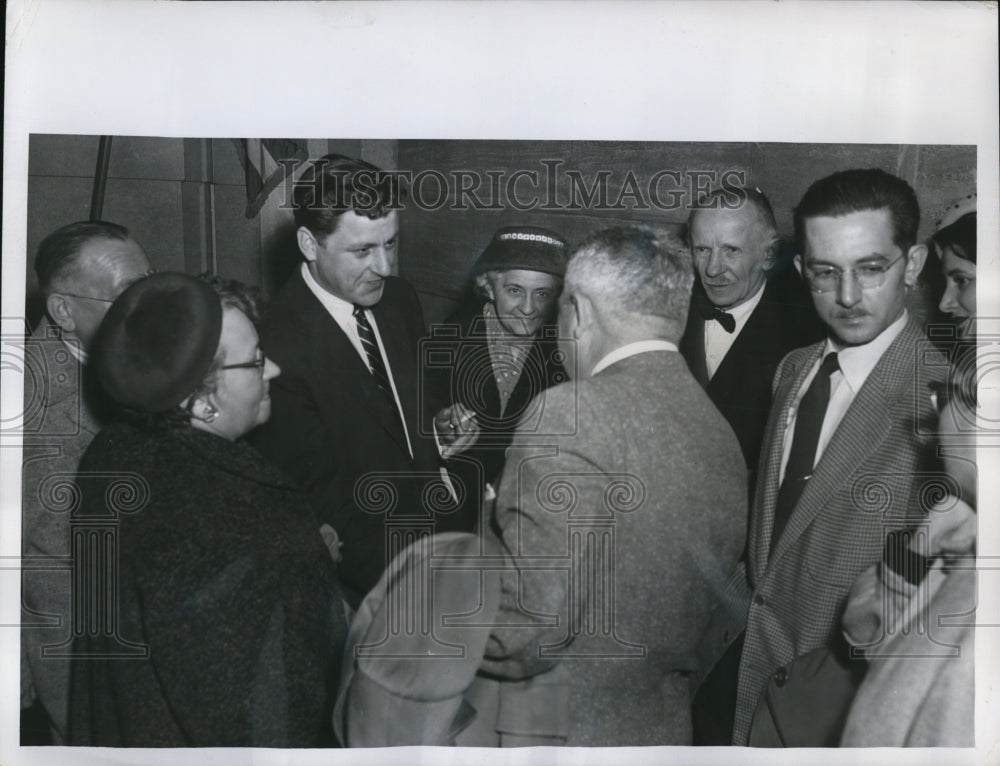 1956 Press Photo Russell Jones Meets Hungarians After Music Hall Speech- Historic Images