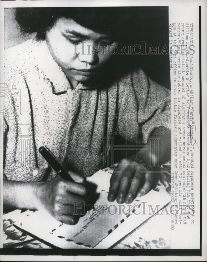 Load image into Gallery viewer, 1957 Press Photo Haru Sueyama Writing Letter To President Eisenhower
