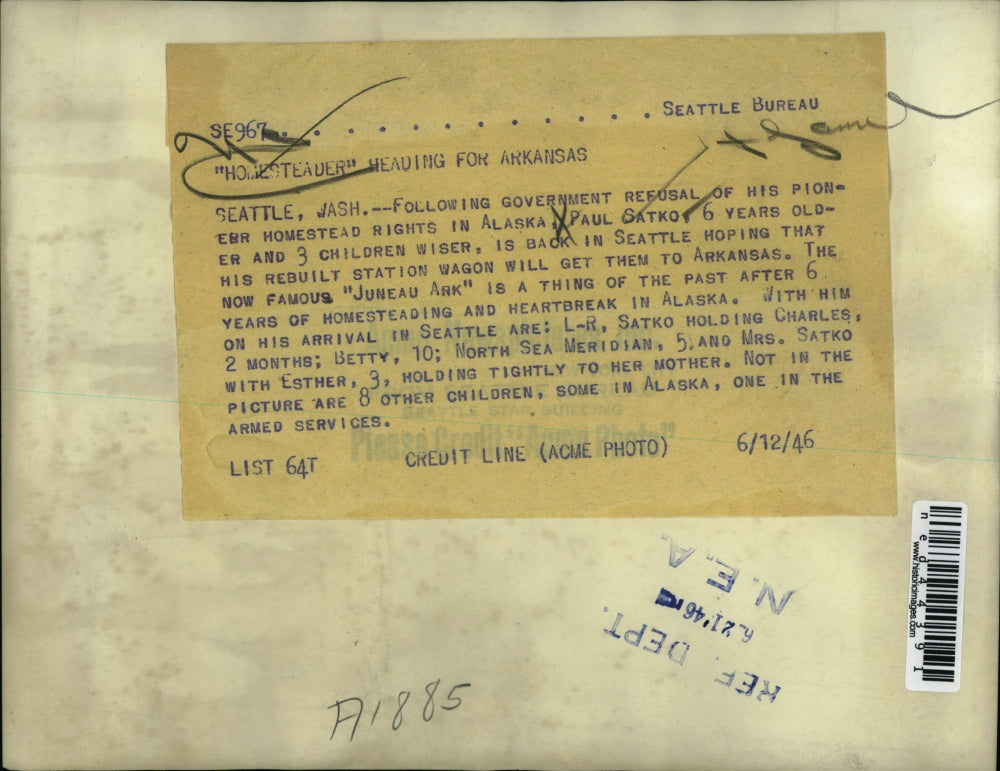 1946 Press Photo Paul Sakto, 6, homesteader heading for Arkansas.