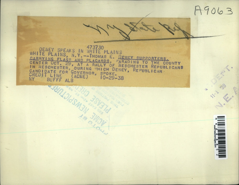 1938 Press Photo Thomas E. Dewey supporters carrying flags and placards