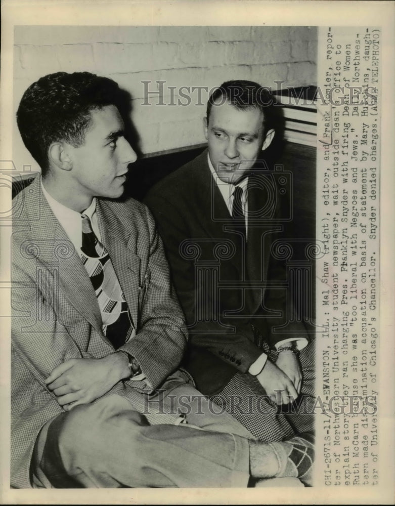 1948 Press Photo Mal Shaw & Frank Gomier Outside Dean's Office