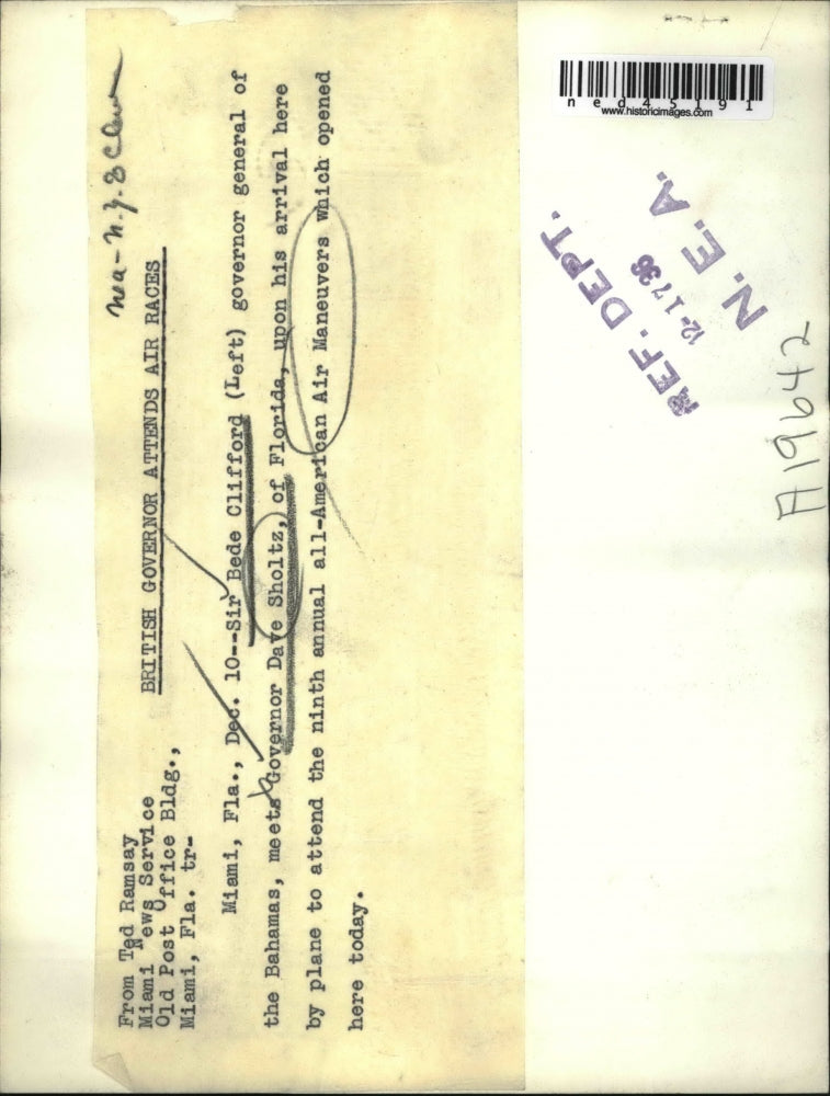 1936 Press Photo Bede Clifford Bahamas Governor, Dave Sholtz Governor of Florida