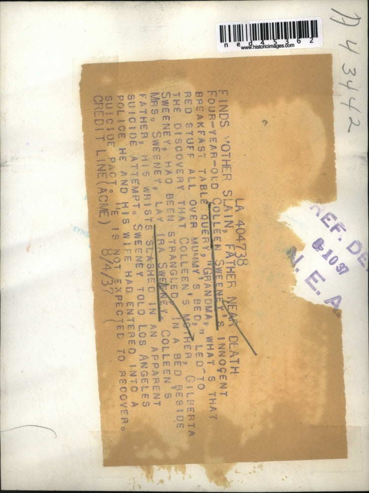 1937 Press Photo Colleen Sweeney finds mother dead and father dying