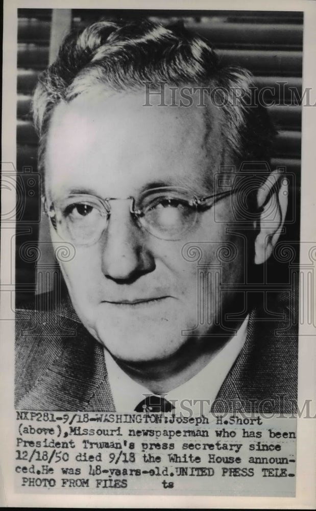 1952 Press Photo White House announced that Joseph Short died