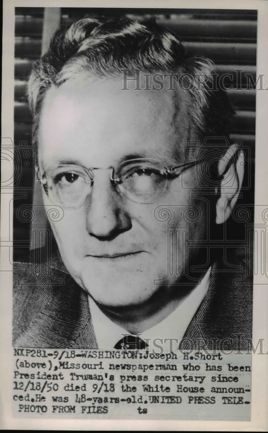 1952 Press Photo White House announced that Joseph Short died