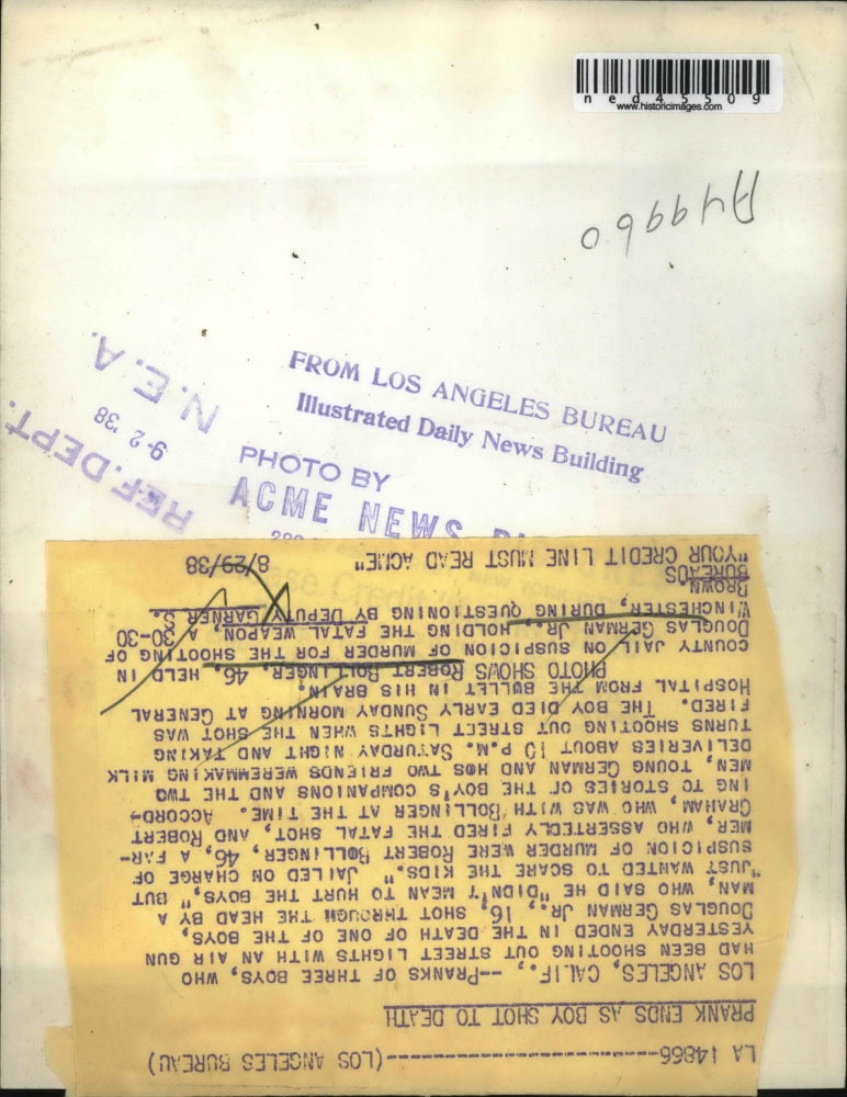 1938 Press Photo Robert Bollinger, held in county jail on suspicion of murder