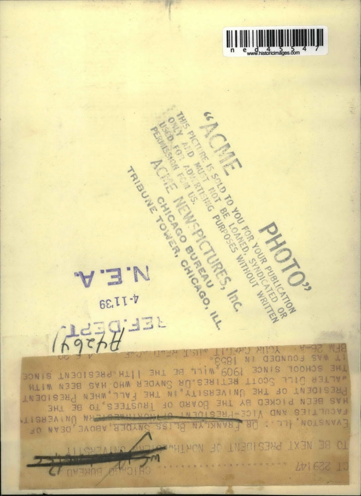 1939 Press Photo Evanston Ill Dr Franklin Bliss Snyder Dean of Faculties and