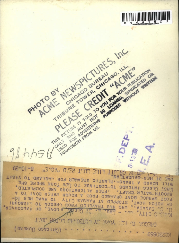 1939 Press Photo Mrs. Glegg from Oregon to Missouri by Boat