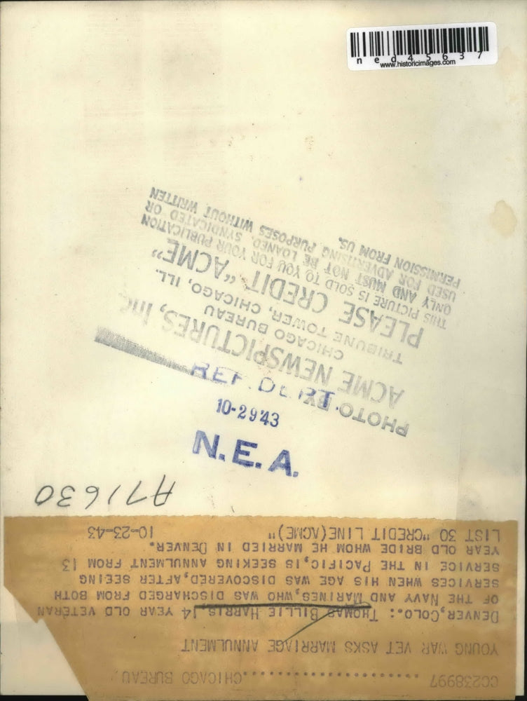 1943 Press Photo Thomas Billie Harris seeks annulment from 13 year old bride