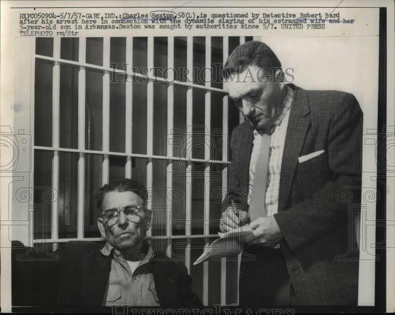 Load image into Gallery viewer, 1957 Press Photo Charles Sexton, is questioned by Detective Robert Bard after
