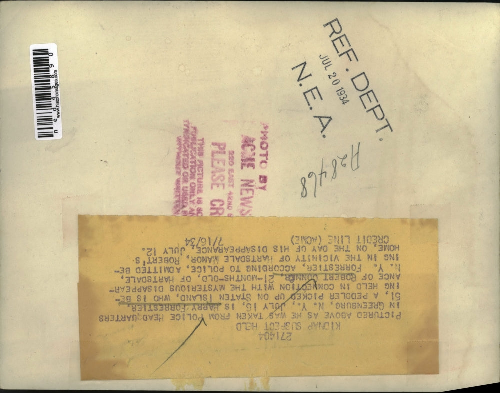 1934 Press Photo Harry Forrestier Arrested for Kidnapping Robert Connor