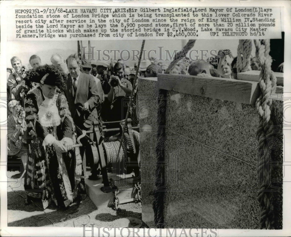 1968 Press Photo Sir Gilbert Inglefield as he lays a foundation stone