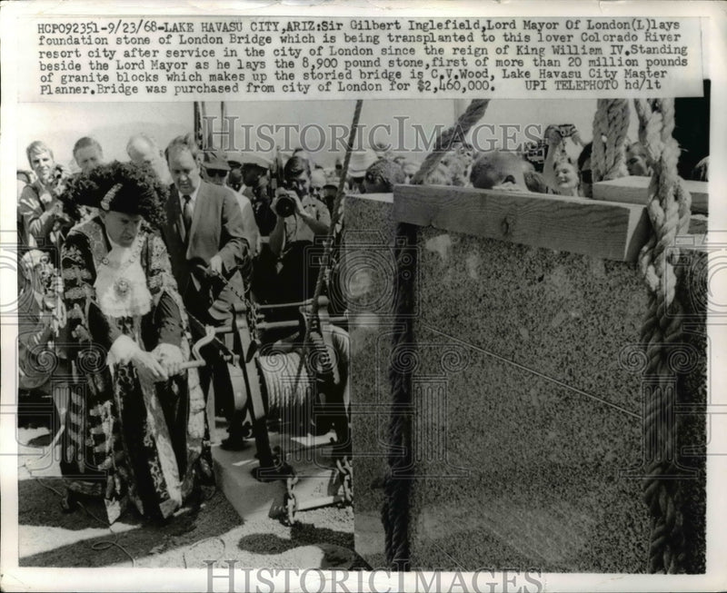 Load image into Gallery viewer, 1968 Press Photo Sir Gilbert Inglefield as he lays a foundation stone
