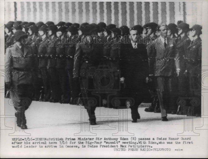 Load image into Gallery viewer, 1955 Press Photo British Prime Minister, Anthony Eden passes a Swiss Honor Guard
