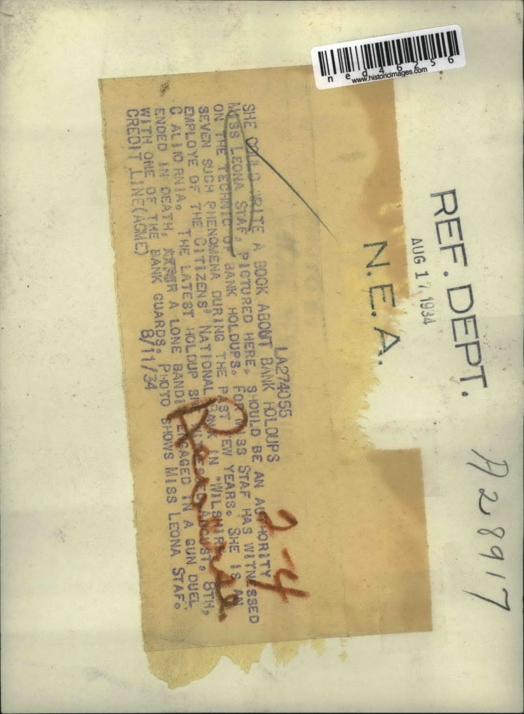 1934 Press Photo Leona Staf could be authority on the technic of bank holdups as