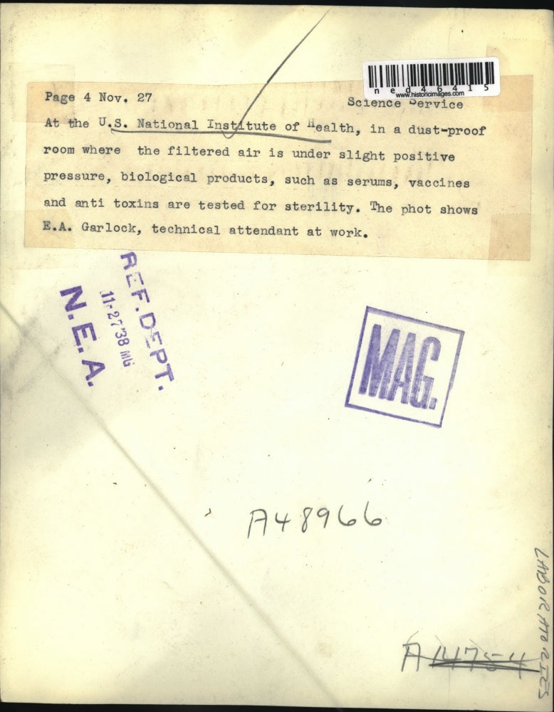 1938 Press Photo US Natl Institute of Health dust proof room testing