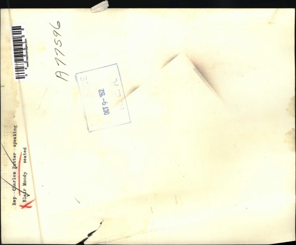 1952 Press Photo Rep Charles Potter speaking and Blair Moody