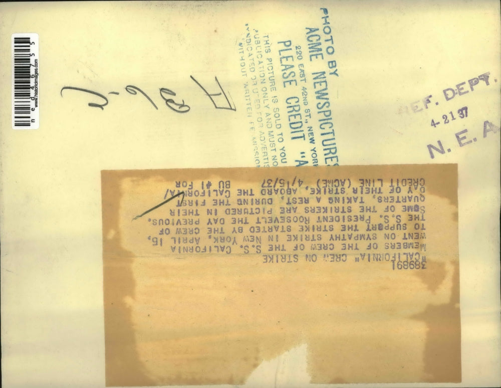 1937 Press Photo Members of the crew of the S.S> California on strike in NY.