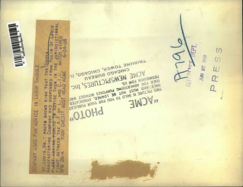 1938 Press Photo St Louis Mo sign of USONA Mfg Co during union strike