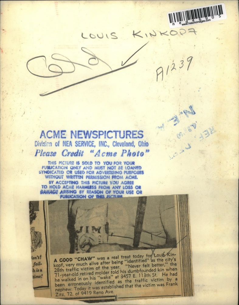 1950 Press Photo Louis Kinkopf, city's 28th traffic victim was very much alive