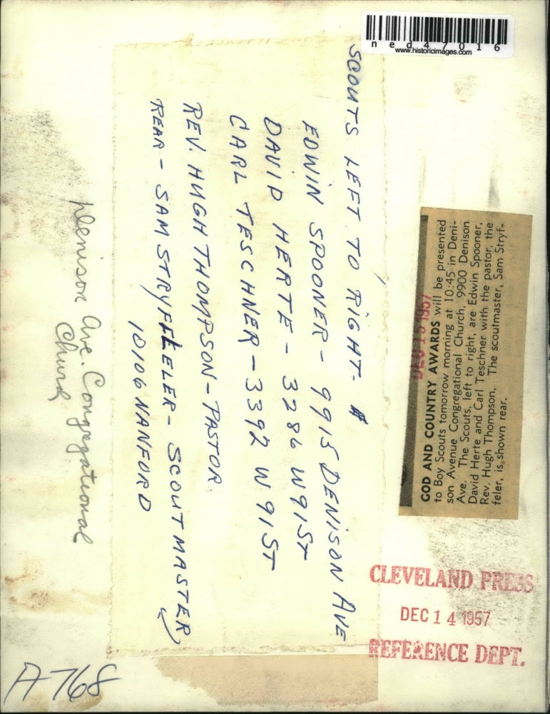 1957 Press Photo God & Country Awards, scouts(left to right) Edwin Spooner,