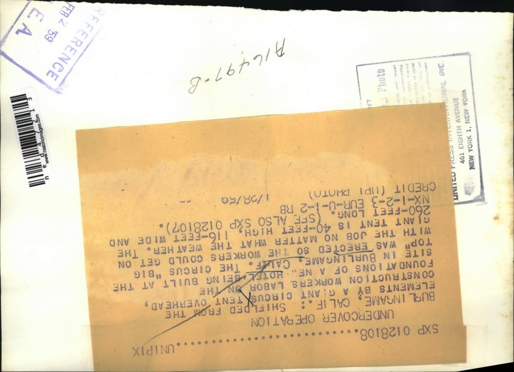 1959 Press Photo Construction of Hotel in Burlingame, California Under Big Tent