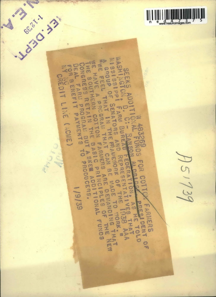 1939 Press Photo Ranson Aldridge seeks additional funds for cotton farmers