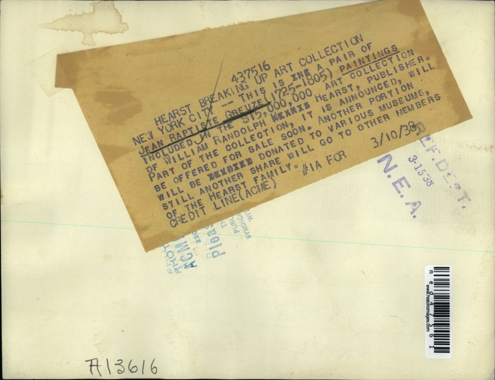 1938 Press Photo Pair Paintings of Jean Baptiste Greuze (1725-1805)