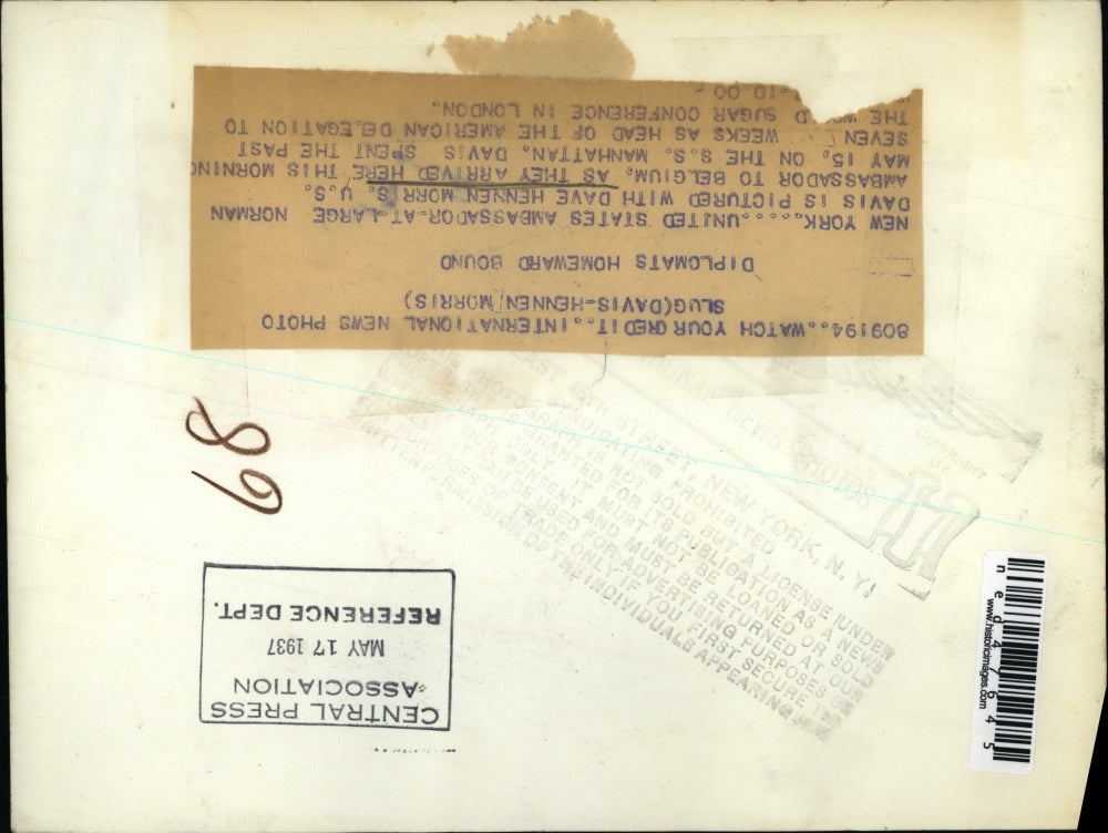 1937 Press Photo Norman Davis and Dave Hennen Morris at New York