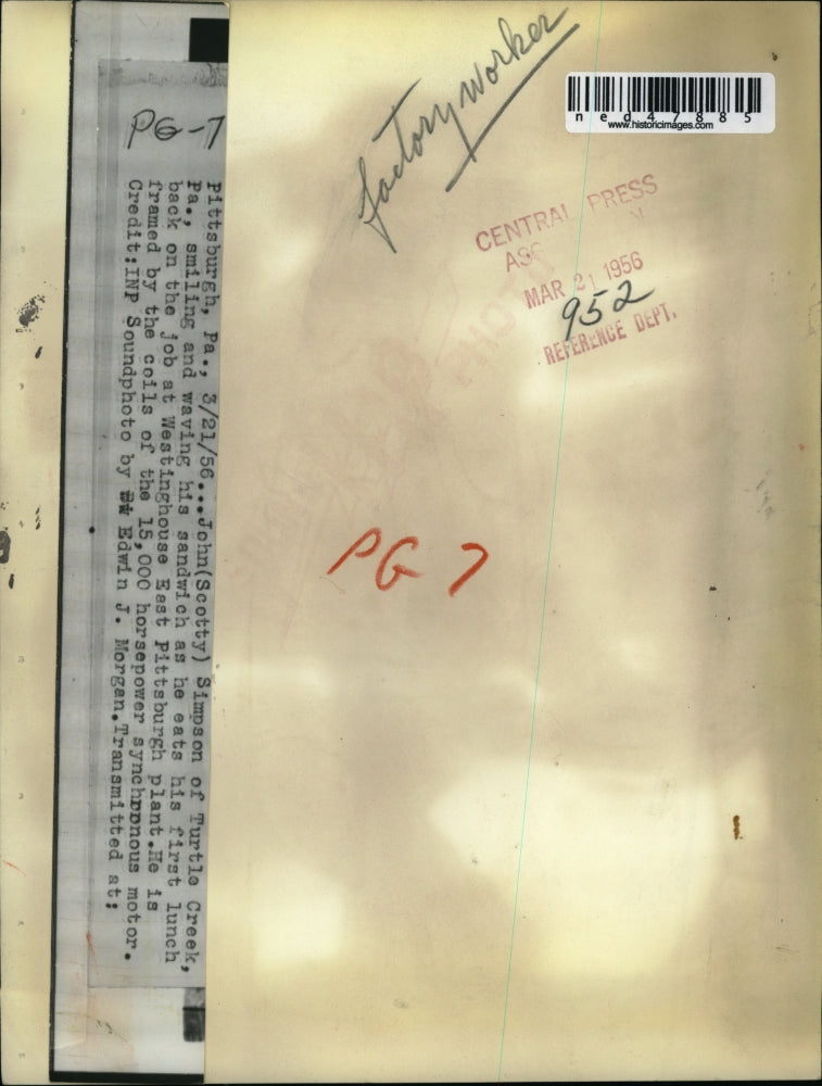 1956 Press Photo John Scotty Simpson at work at Westinghouse plant