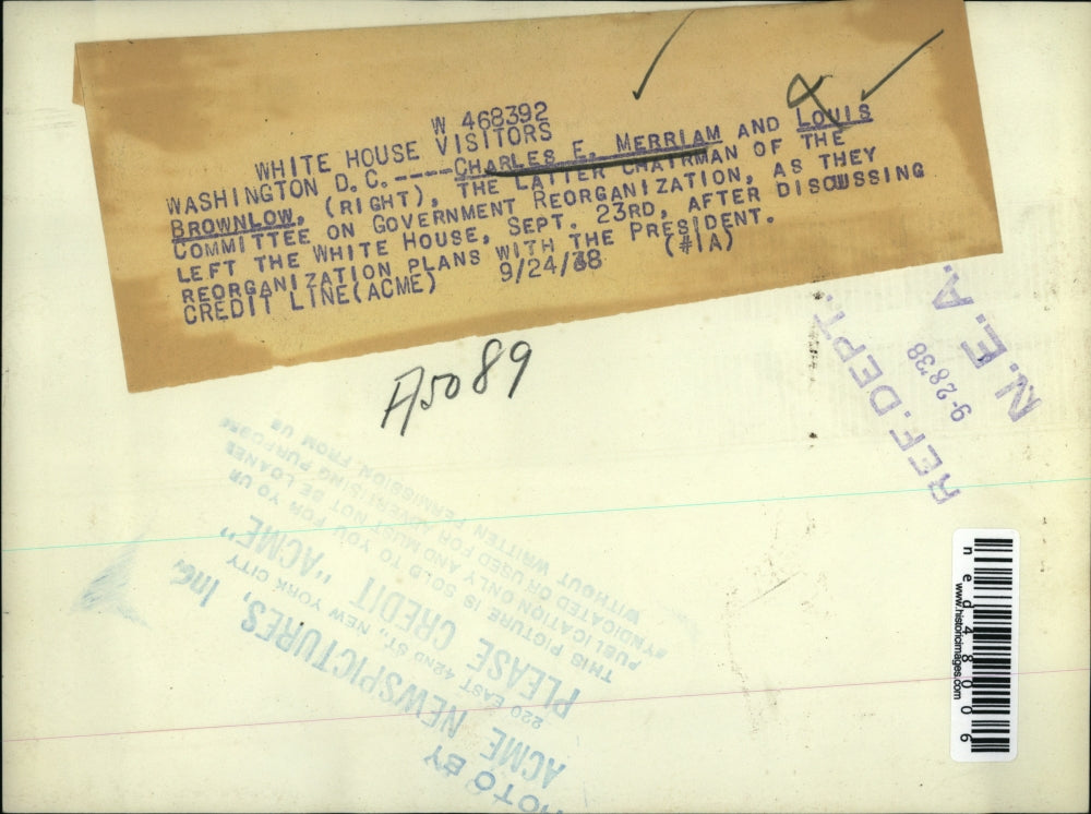 1938 Press Photo Charles Merriam & Louis Brownlow for reorganization plan