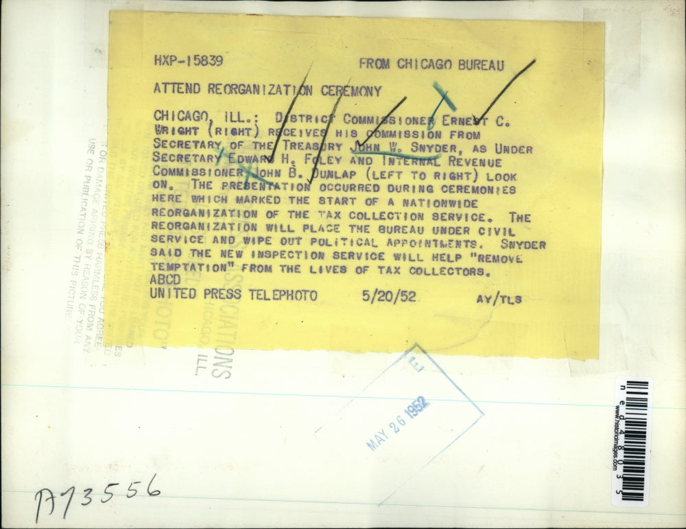 1952 Press Photo Ernest C.Wright recieves commission from Sec. John Snyder